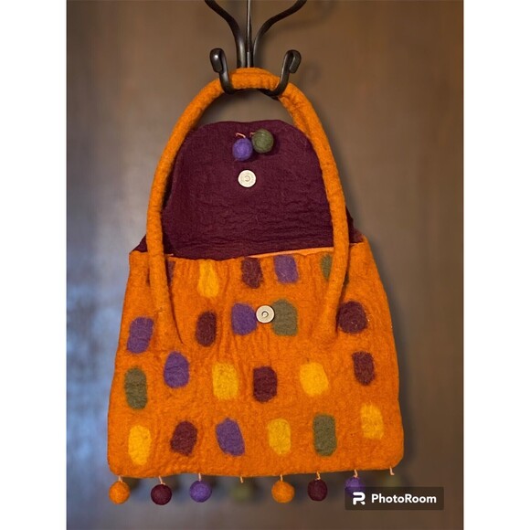 RISING TIDE Felted Wool Bag Pompoms Boho Hippie Handbag Burnt Orange Purple - Picture 3 of 8